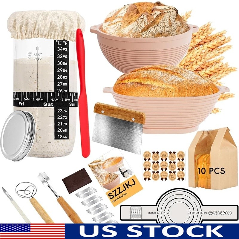 Complete Sourdough Starter Kit W/ Proofing Baskets Bread Tools & Recipe Guide US