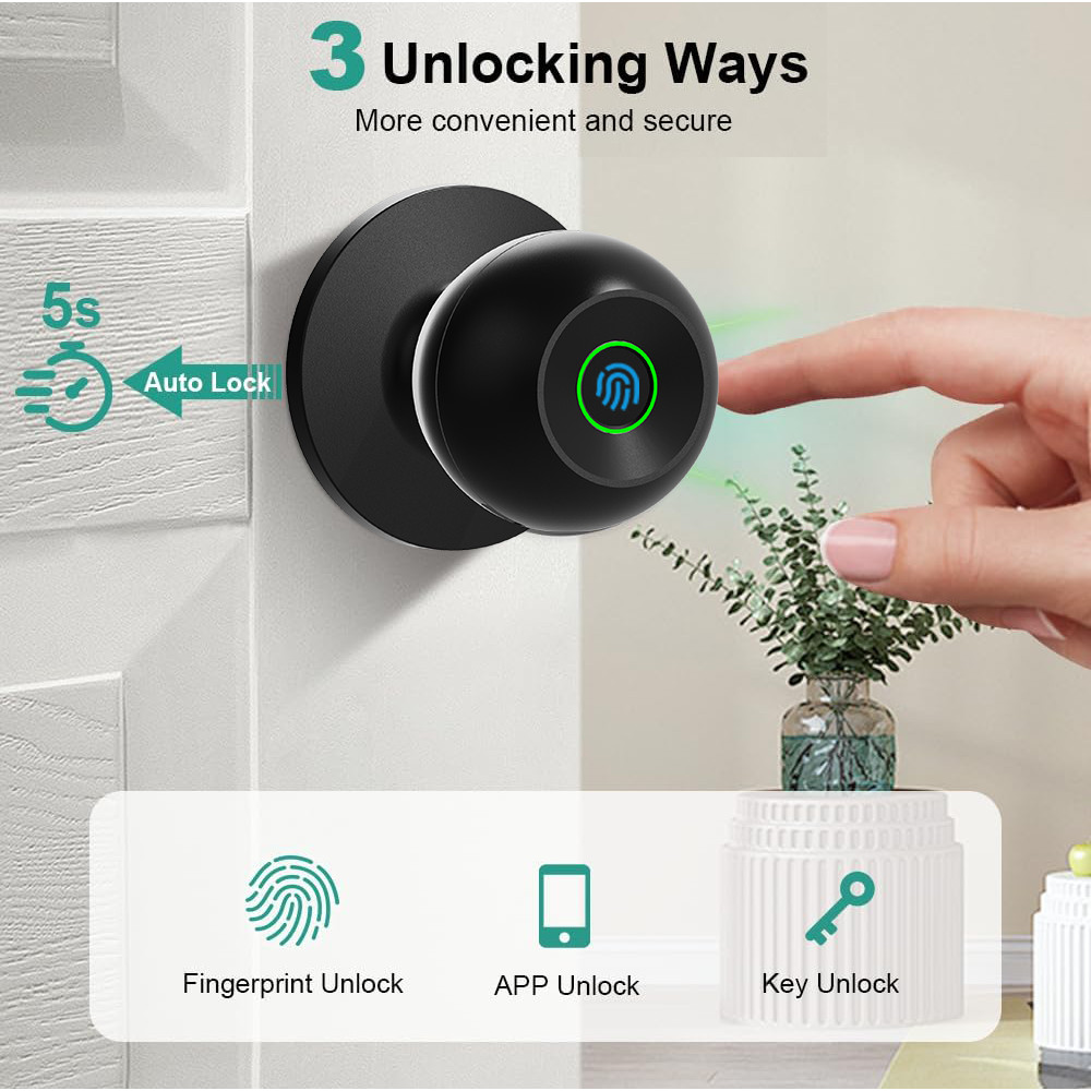 Smart Door Knob Fingerprint Door Lock Biometric Door Lock with Key & App Control