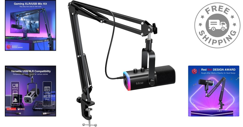 Professional Dynamic Mic with RGB Lighting & Adjustable Boom Arm for Streaming