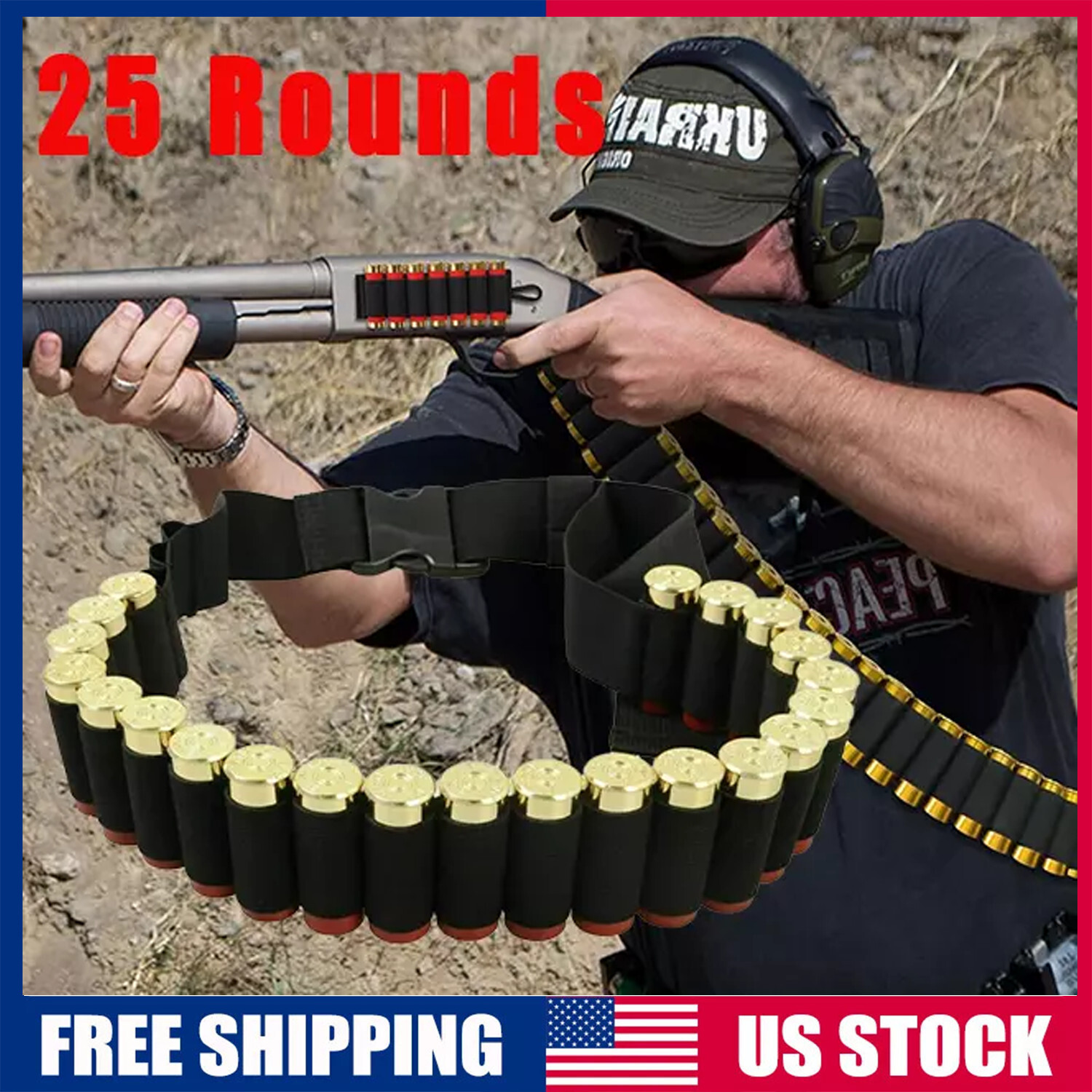 Shotgun Shell Holder 25 Shells 12/20GA Gauge Cartridge Ammo Bandolier Belt Black