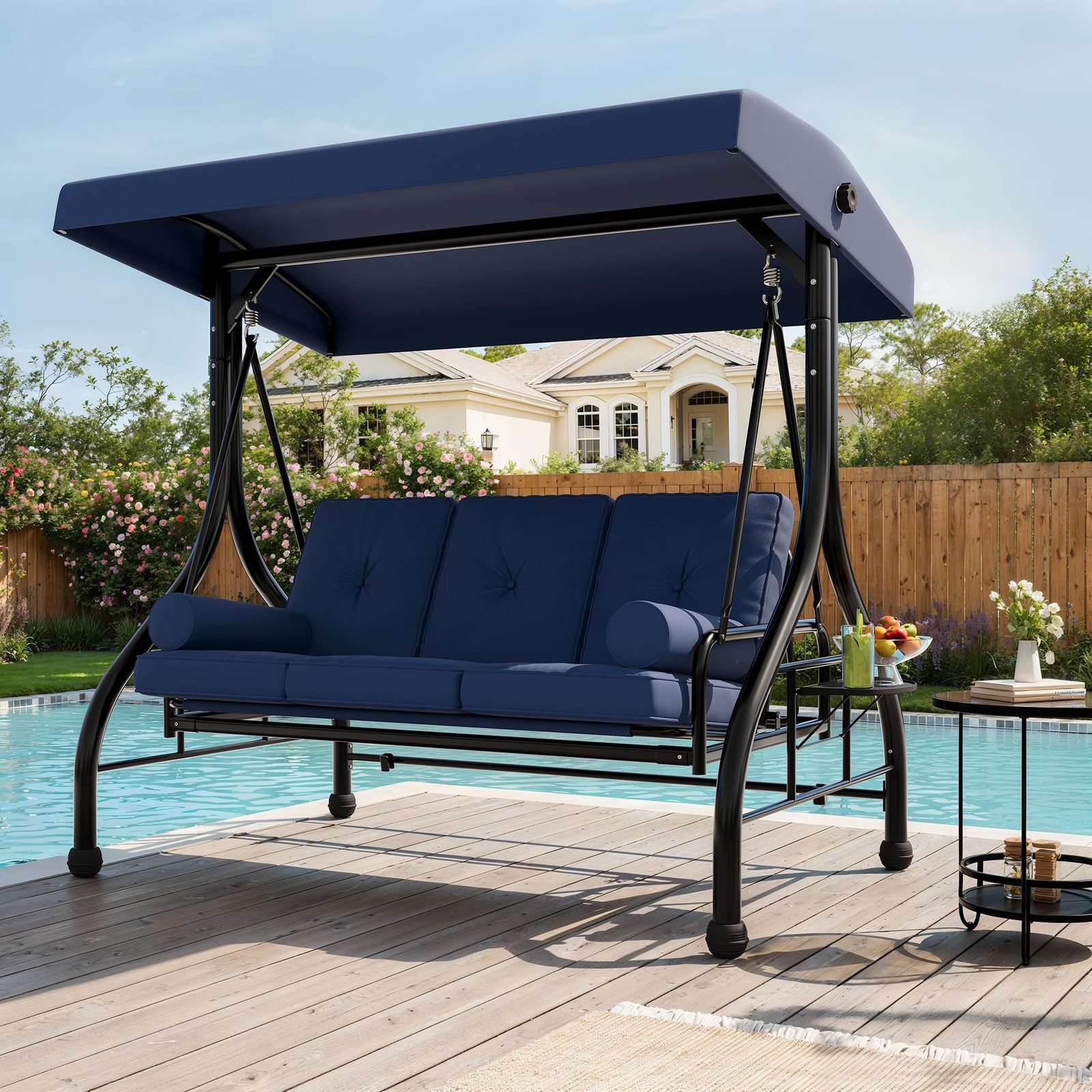 Outdoor Porch Swing with Adjustable Canopy 3-Seat Garden Patio Swing Chair