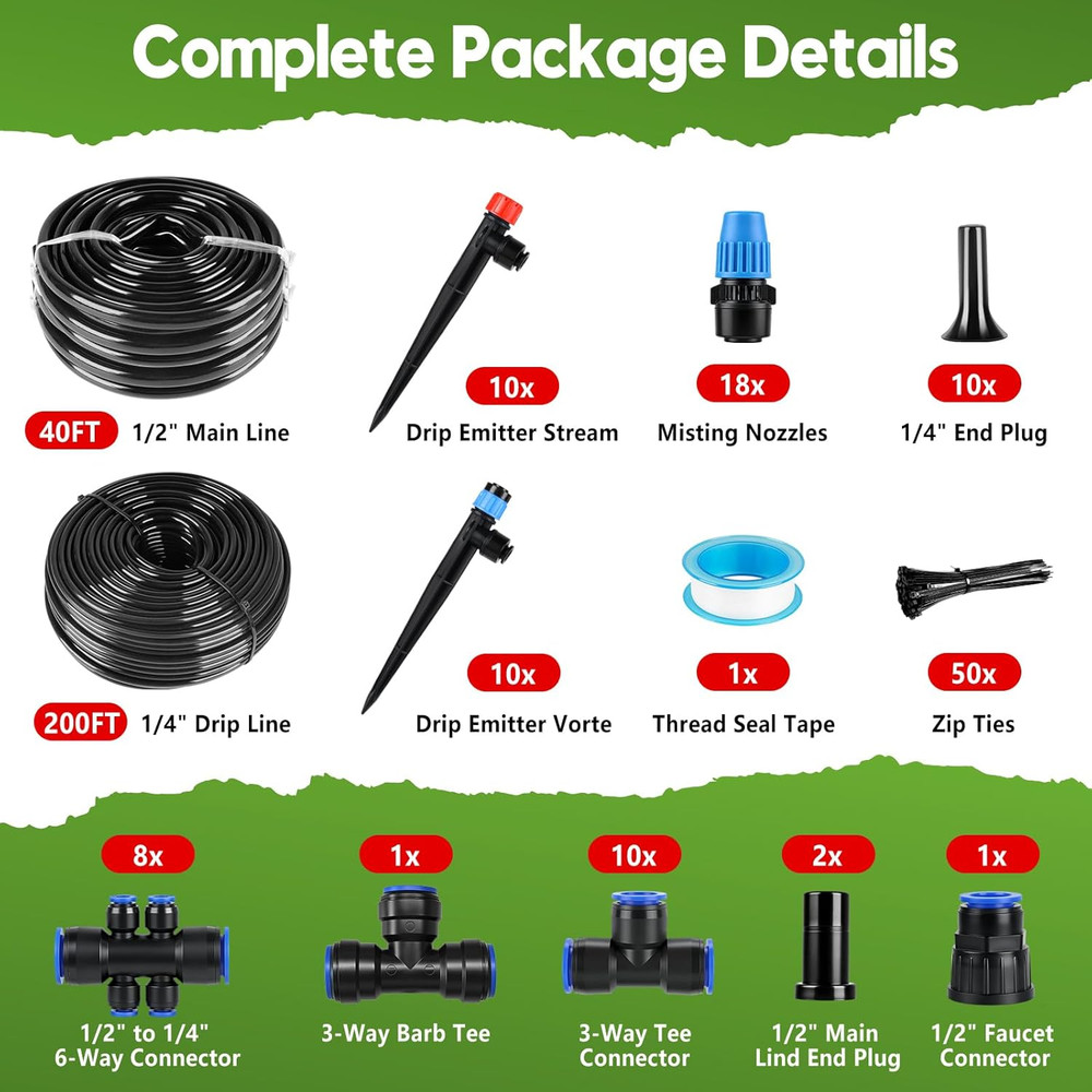 240FT Drip Irrigation System Kit Quick-Connect, Automatic Garden Watering System