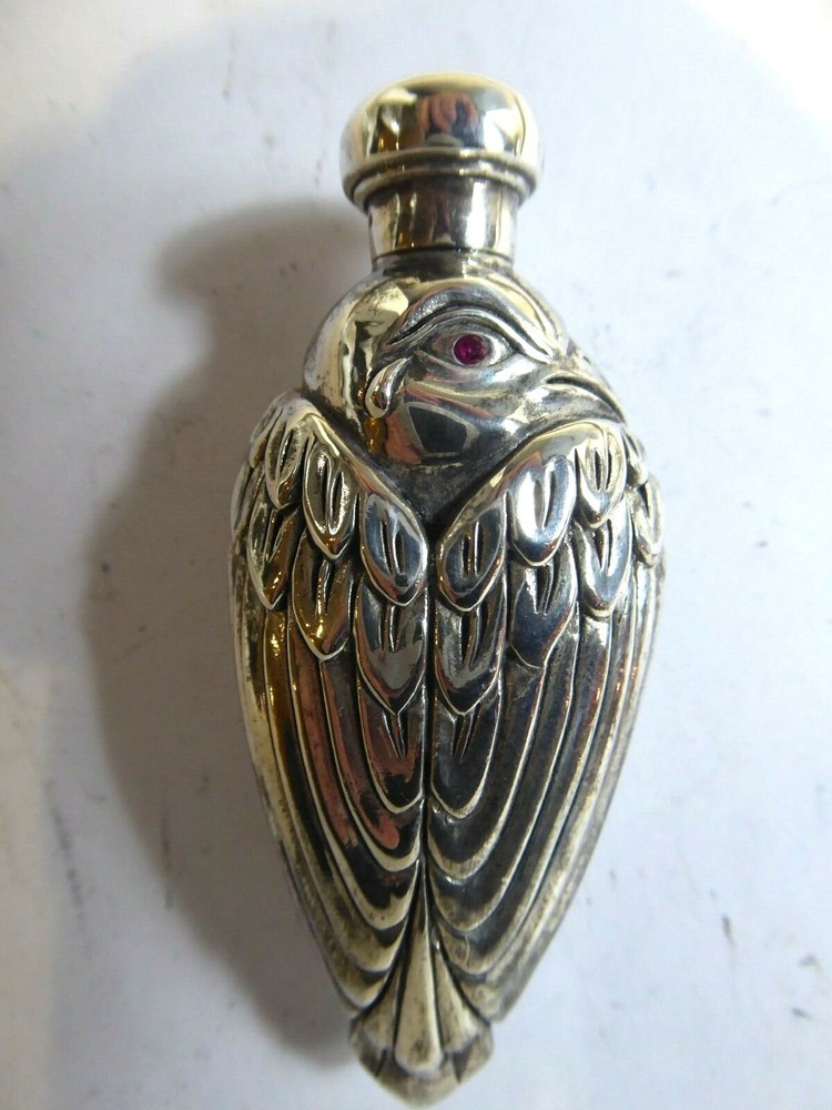 SUPERB SOLID SILVER BIRD SCENT PERFUME BOTTLE SET WITH RUBY EYES