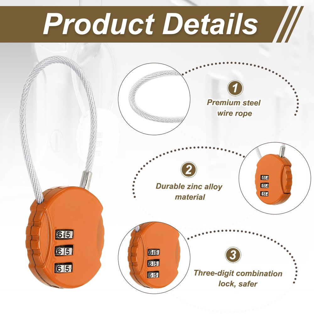 2-Pack Combination Padlock, 3 Digit Round Shaped Cable Luggage Lock [Orange]