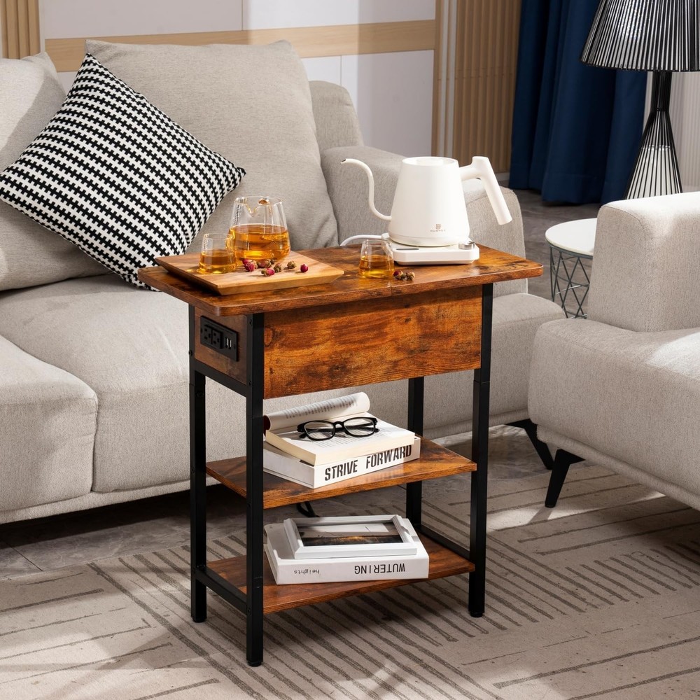 End Table w/Charging Station Flip Top Side Table Sofa Couch Table Bedside Table