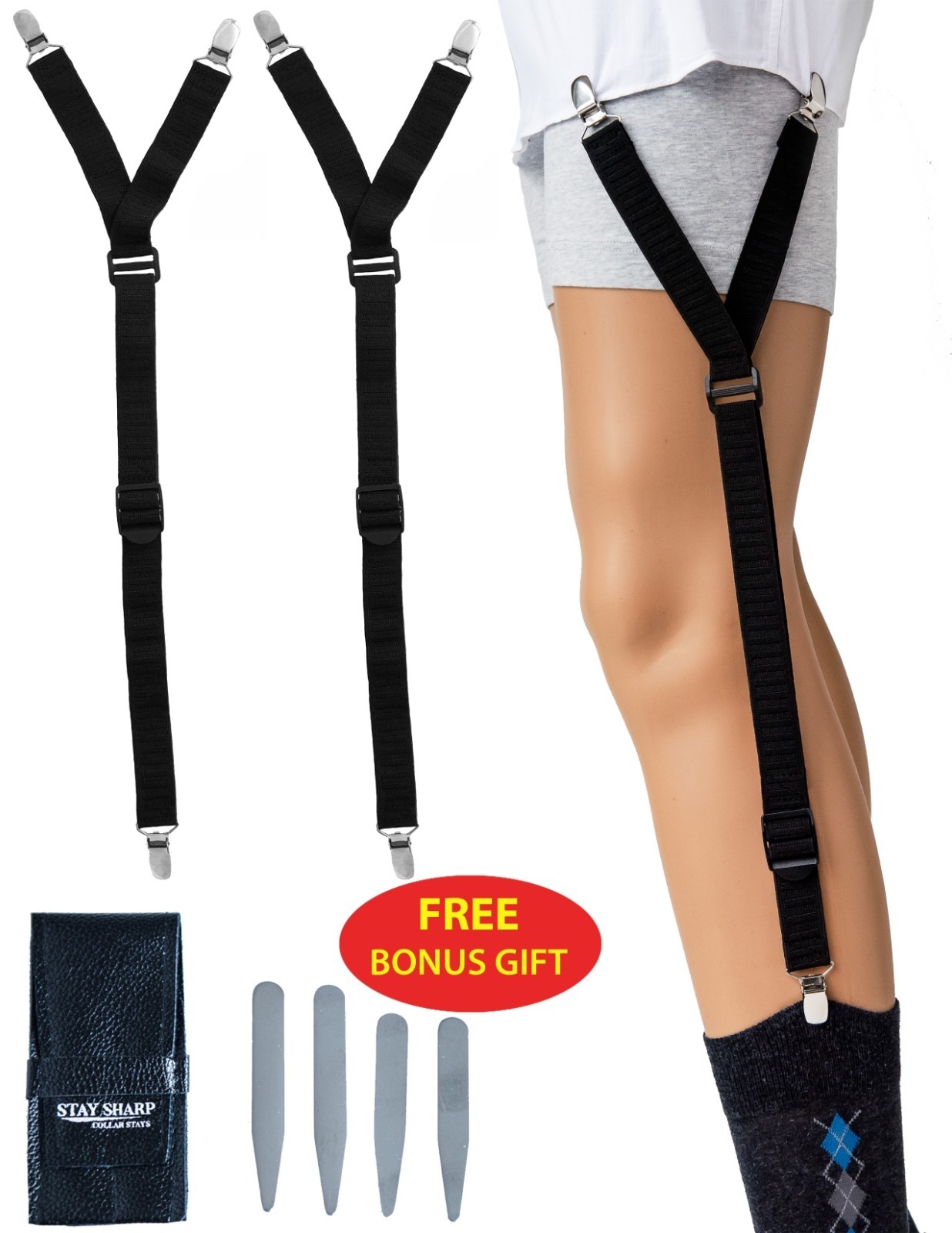 GARTER SHIRT STAYS BLACK MILITARY GRADE ADJUSTABLE COMFORTABLE + FREE GIFT