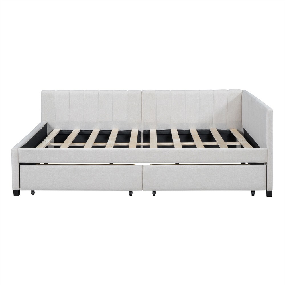 Full Size Daybed Upholstered Bed Frame Sofa Bed w/ 2 Storage Drawer Beige