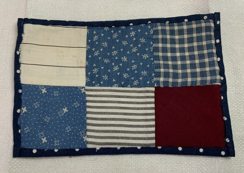 Patchwork Quilt Small Table Topper, Four Patch, Blue Calico Prints, Off White