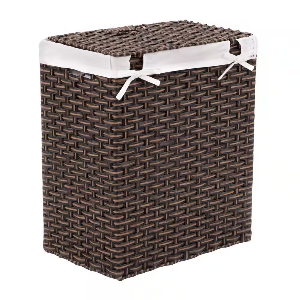 Laundry Hamper Basket Lidded Rectangular Brown Collapsible Wicker Washable Liner