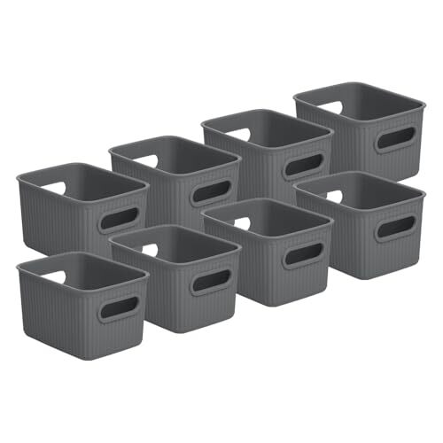 Superio 1.5 L Mini Ribbed Storage Bin- Plastic Storage Basket (Grey, 8 Pack)