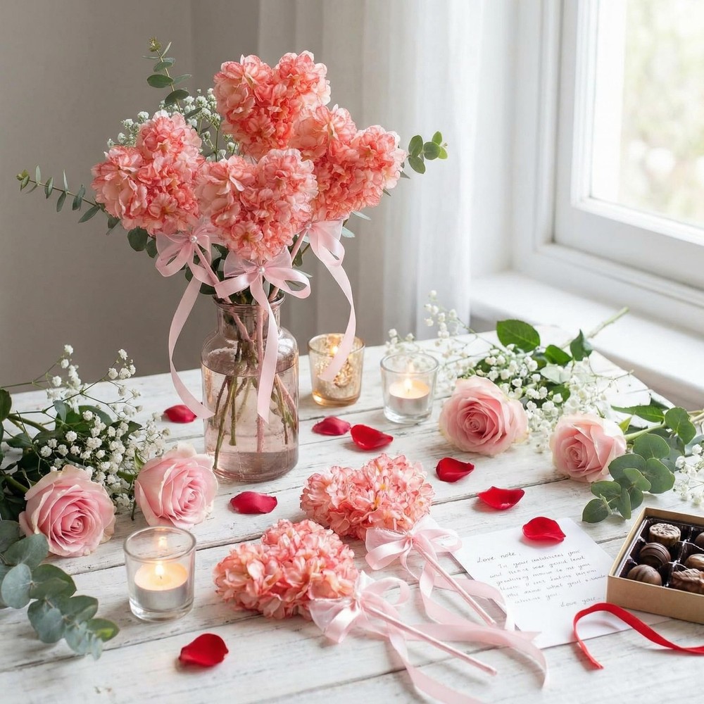 Suncalla 6 Set Heart Shaped Artificial Hydrangea Decor, Romantic Pink