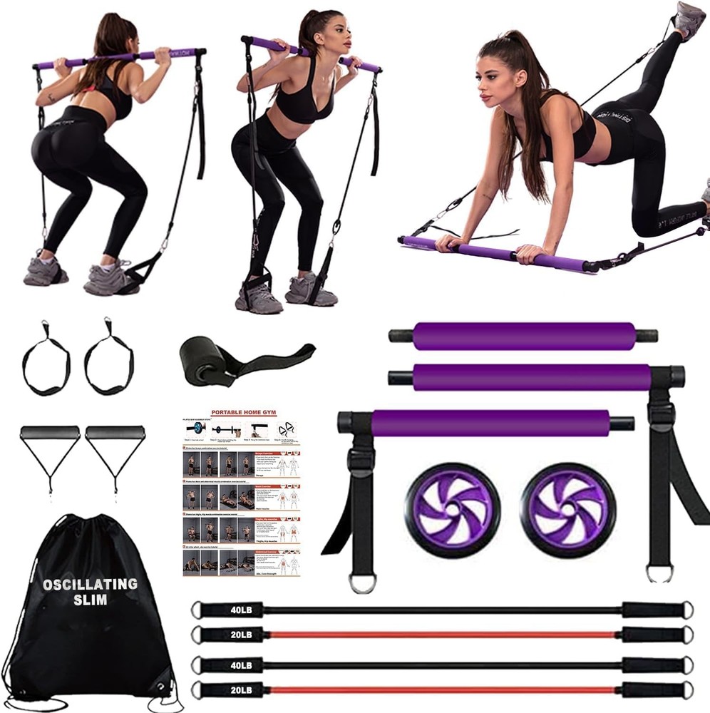 Pilates bar kit Multiple Fitn bar with Resistance Bands, Ab Rollers