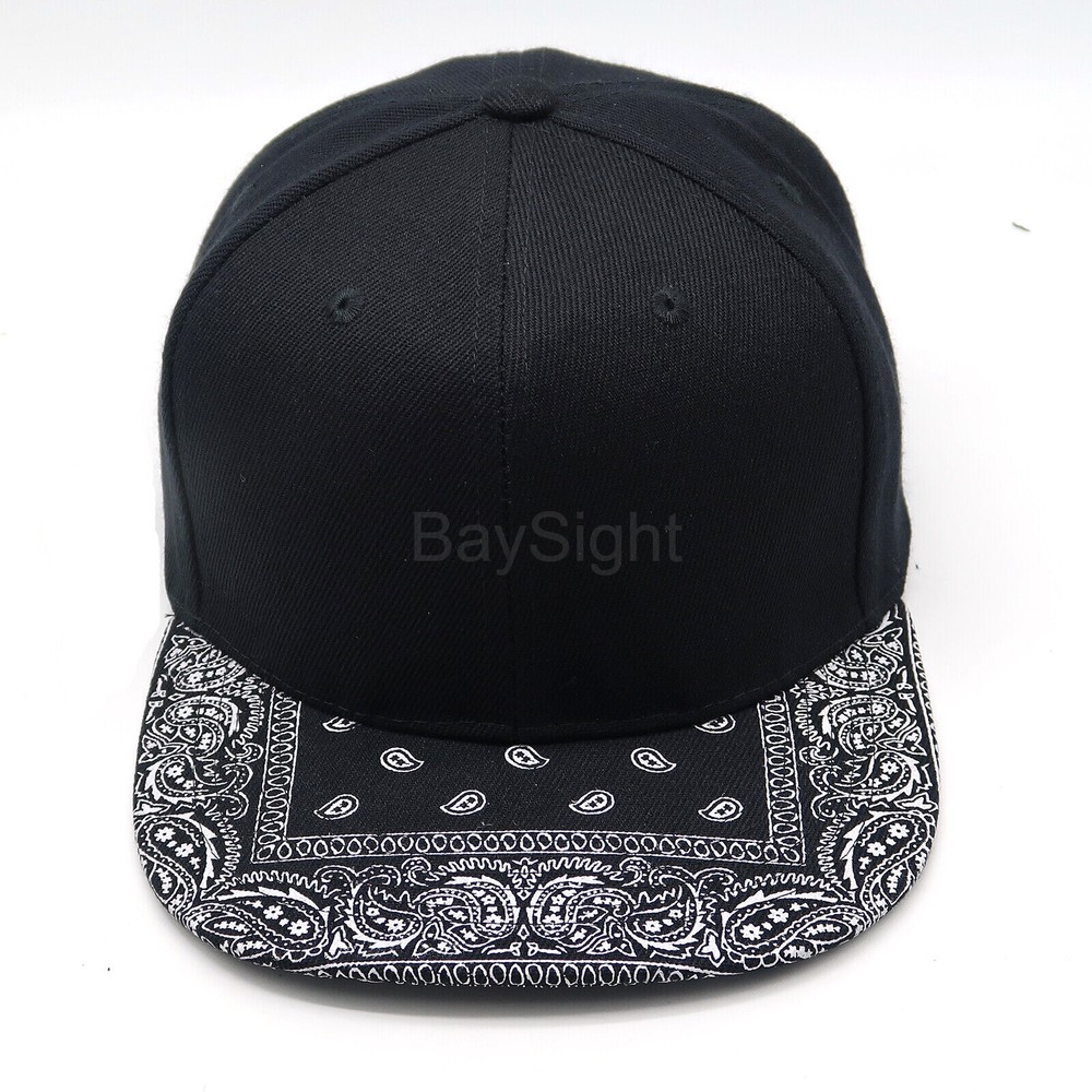 Mens Baseball Cap Snapback Adjustable Bandana Paisley Hat Solid Black Flat Bill