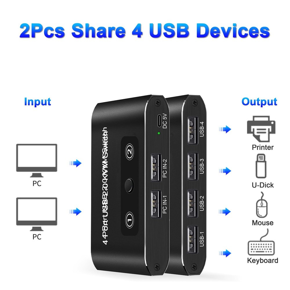 USB Switcher 2 Computers 2.0 Sharing 4 Devices KVM Box PC 2 PCS Cables