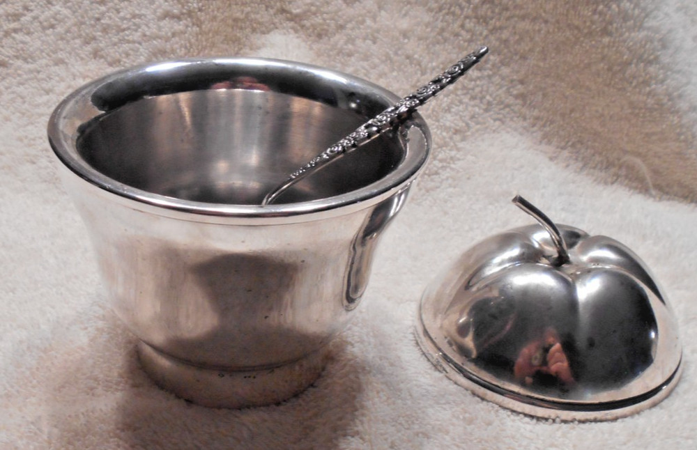 Set of 2 Silverplate Apple Style Jam/Preserves Containers with Spoons
