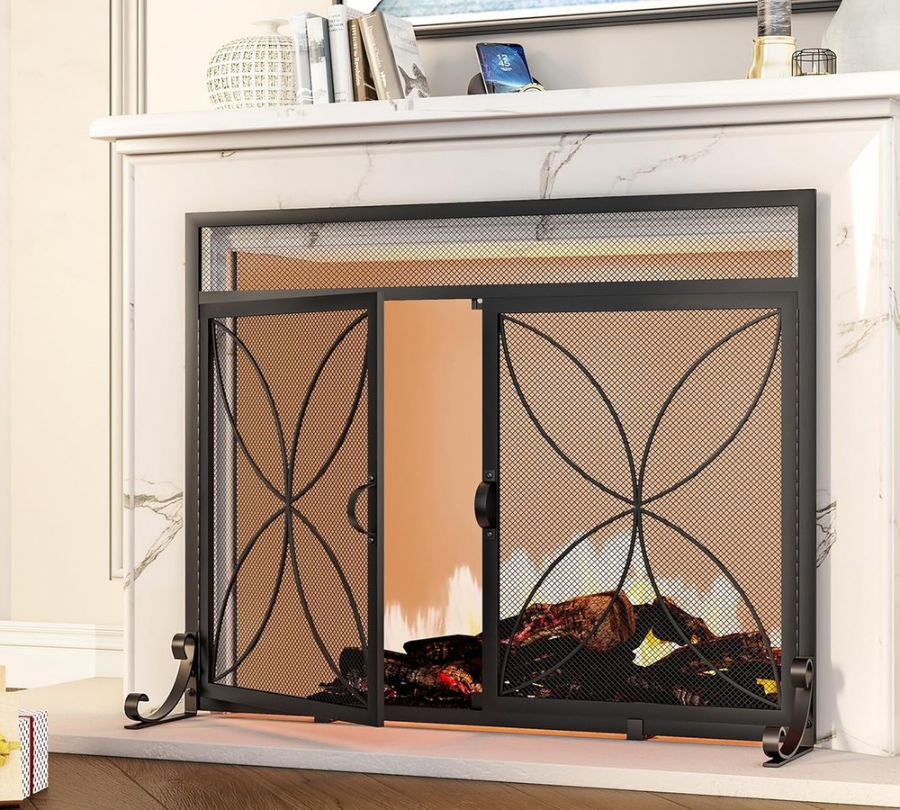 Fireplace Screen W/ Magnetic Doors,Handcrafted Wrought Iron Classical Scroll