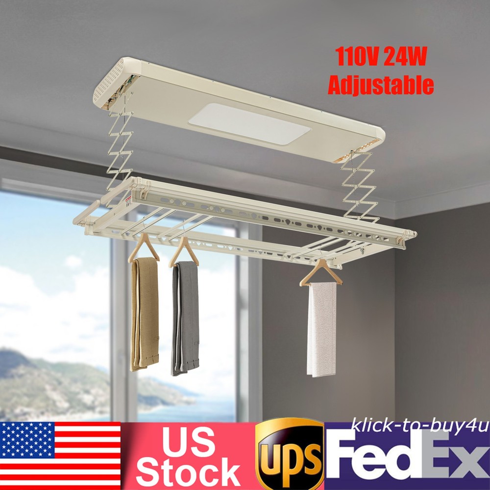 8 Rods Ceiling-mounted Clothesline Resealable Vertical Drying Rack Led Light 24W