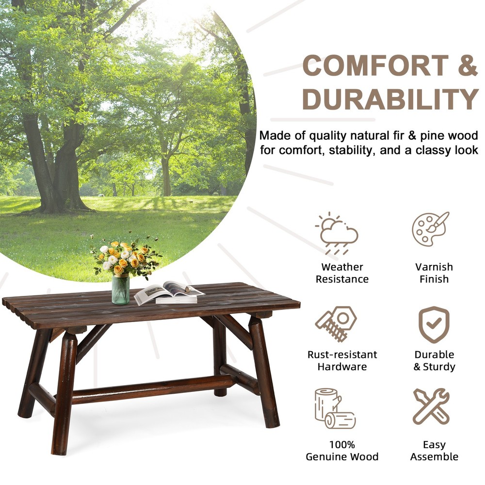Outdoor Log End Table Coffee Table with Slat Tabletop Rustic Wooden Side Table