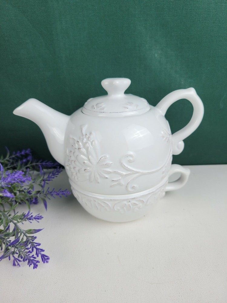 Dena Home Stackable Teapot + Cup - White Embossed Scroll/Floral