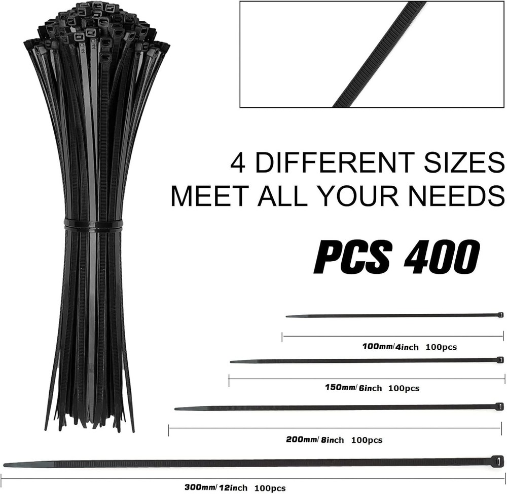400 Assorted Nylon Cable Ties: Strong & Durable; Perfect for Workshop Projects