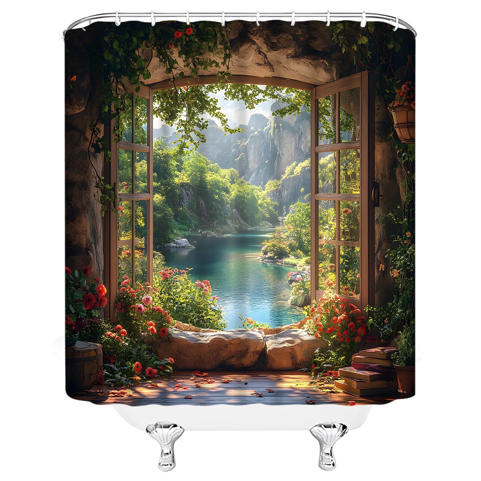 Nature Garden Shower Curtain Forest Mountain Stone Wall Flower Green Leaf Vin...