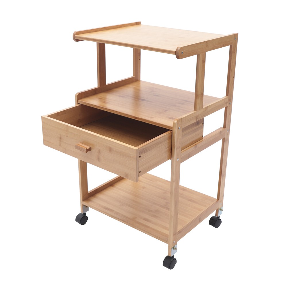 Space-Saving Printer Storage Rack Bamboo Rolling Cart Portable Printer Stand