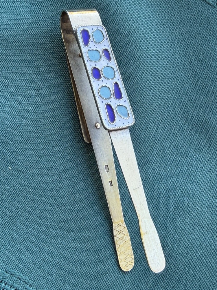 Soviet Russian .875 Gilt Enameled Silver Tongs