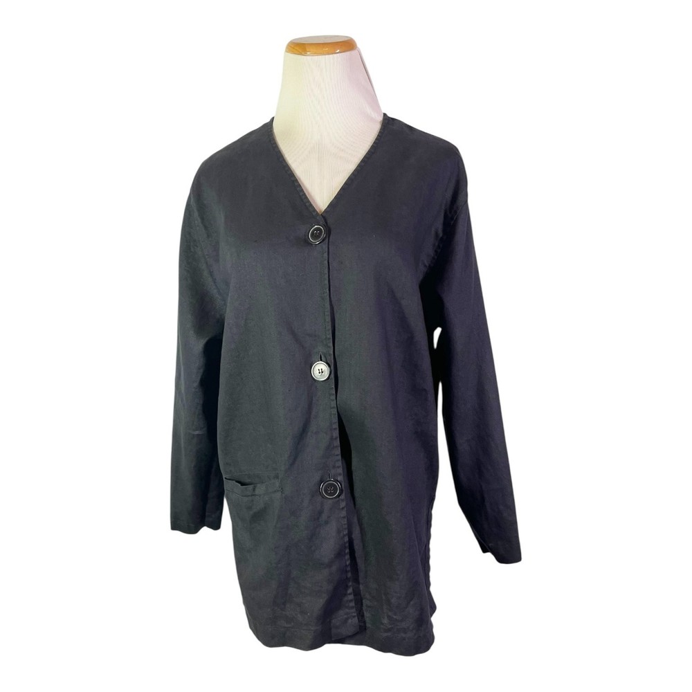 David Dart Size S Button-Front Black Linen Jacket V-Neck