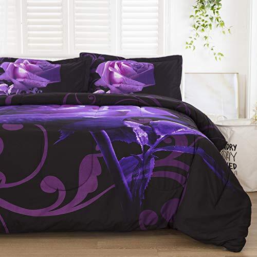 Purple Comforter Set Reversible Purple Rose Pattern Printed Bedding Down Queen
