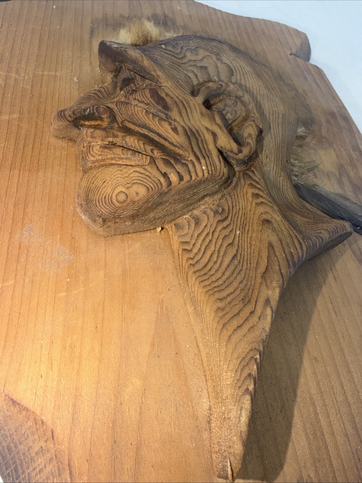 Authentic Canadian Indian Wood Carving With Beaver Pelt Mohawk Hand Carved