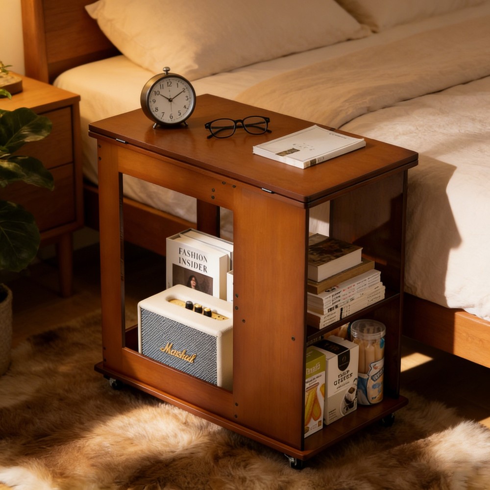 Bamboo folding edge table with movable storage, foldable tabletop suitable for
