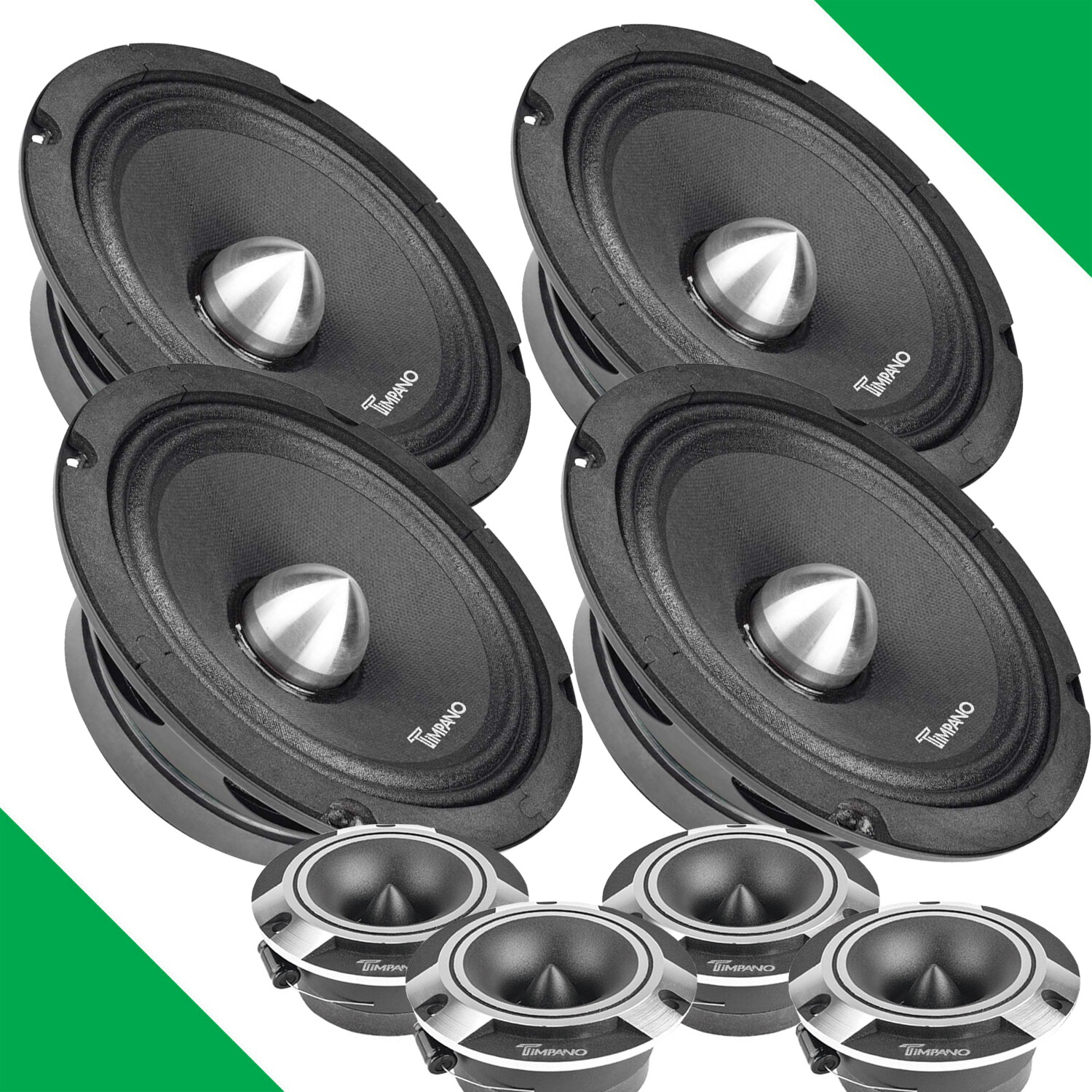4X TIMPANO 6.5" MIDRANGE BULLET SLIM SPEAKERS 4X SUPER TWEETERS 3200 WATT BUNDLE