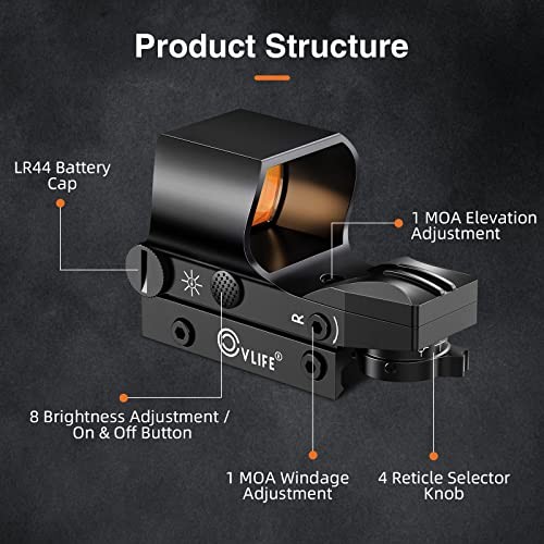 Reflex Sight, 1x28x40mm Red Dot Sight, 4 Adjustable Reticles Sight for Black