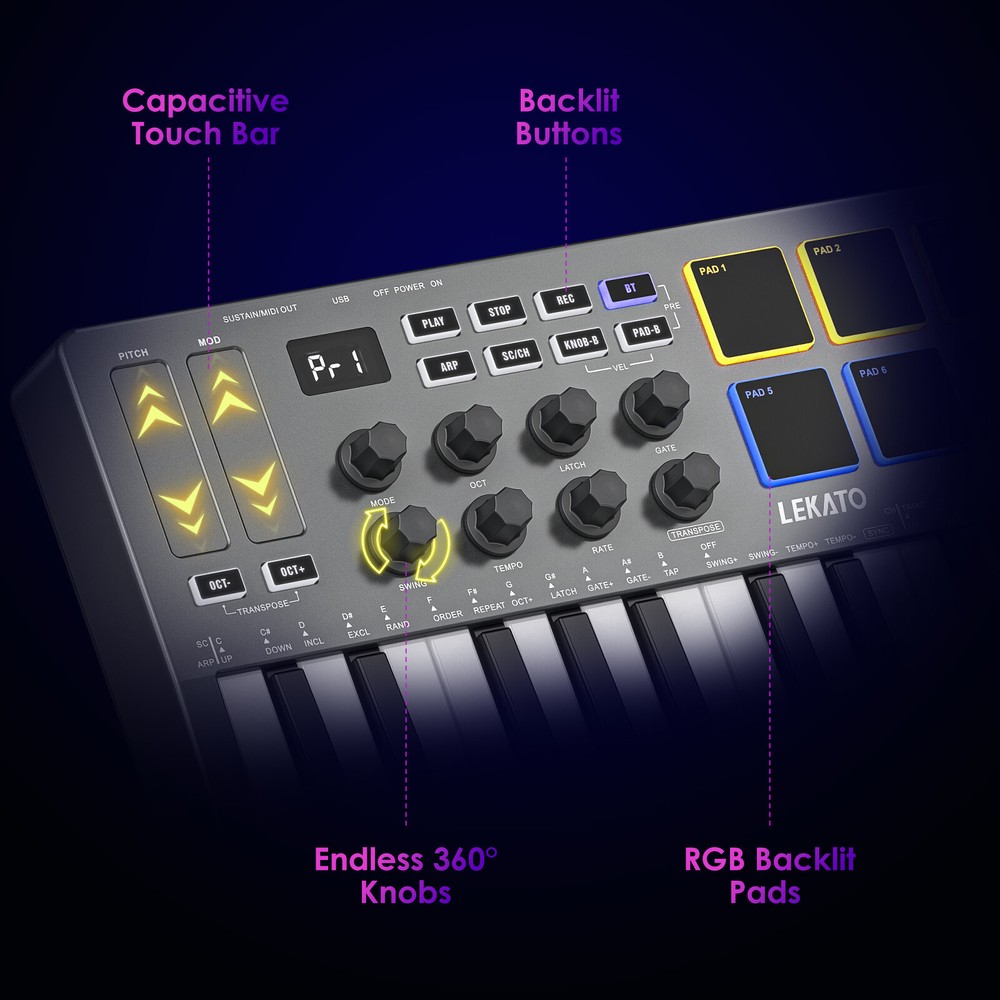 LEKATO MIDI Keyboard Controller 25 Key Rechargeable with 8 Backlit Drum Pads