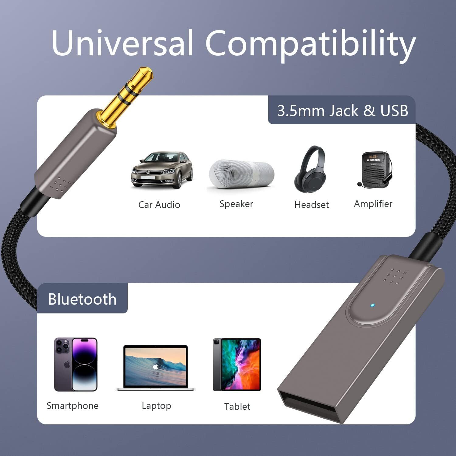 USA Aux to Bluetooth 5.1 Adapter 3.5mm Bluetooth Receiver Microphone for Car Lot