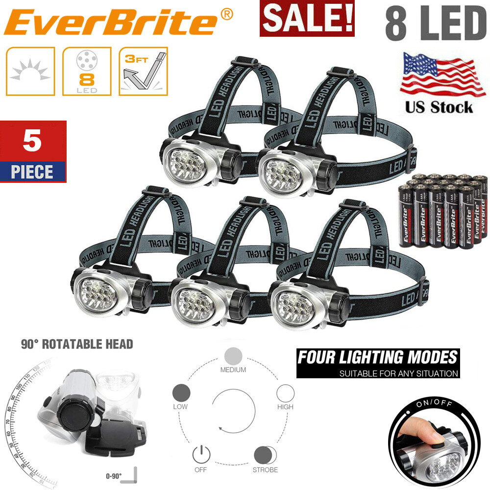 EverBrite 5 Pack LED Headlamp Pivoting Head with Adjustable Headband,4 Modes