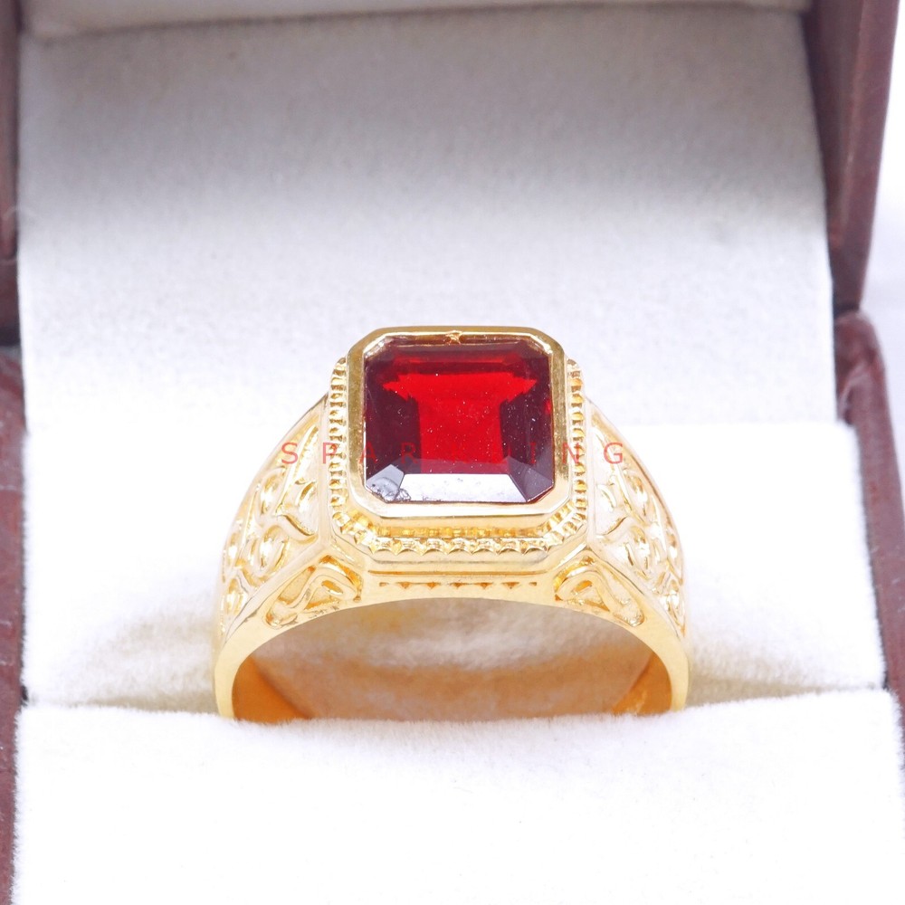 Garnet Emerald Cut With 14K Solid Gold Ring For Men's #E517