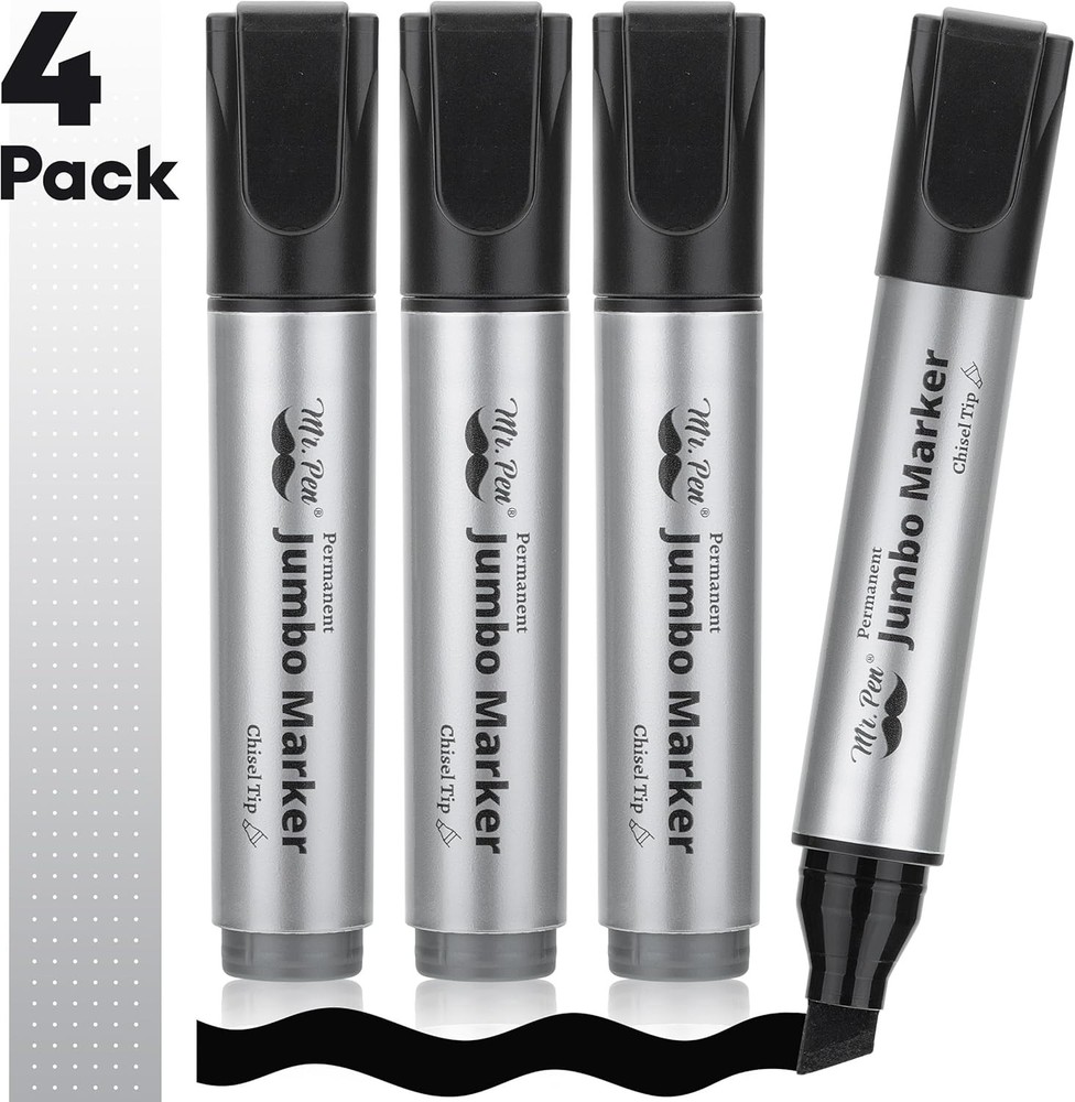 Jumbo Permanent Markers 4 Pack Chisel Tip Black Thick Wide Tip Large Size