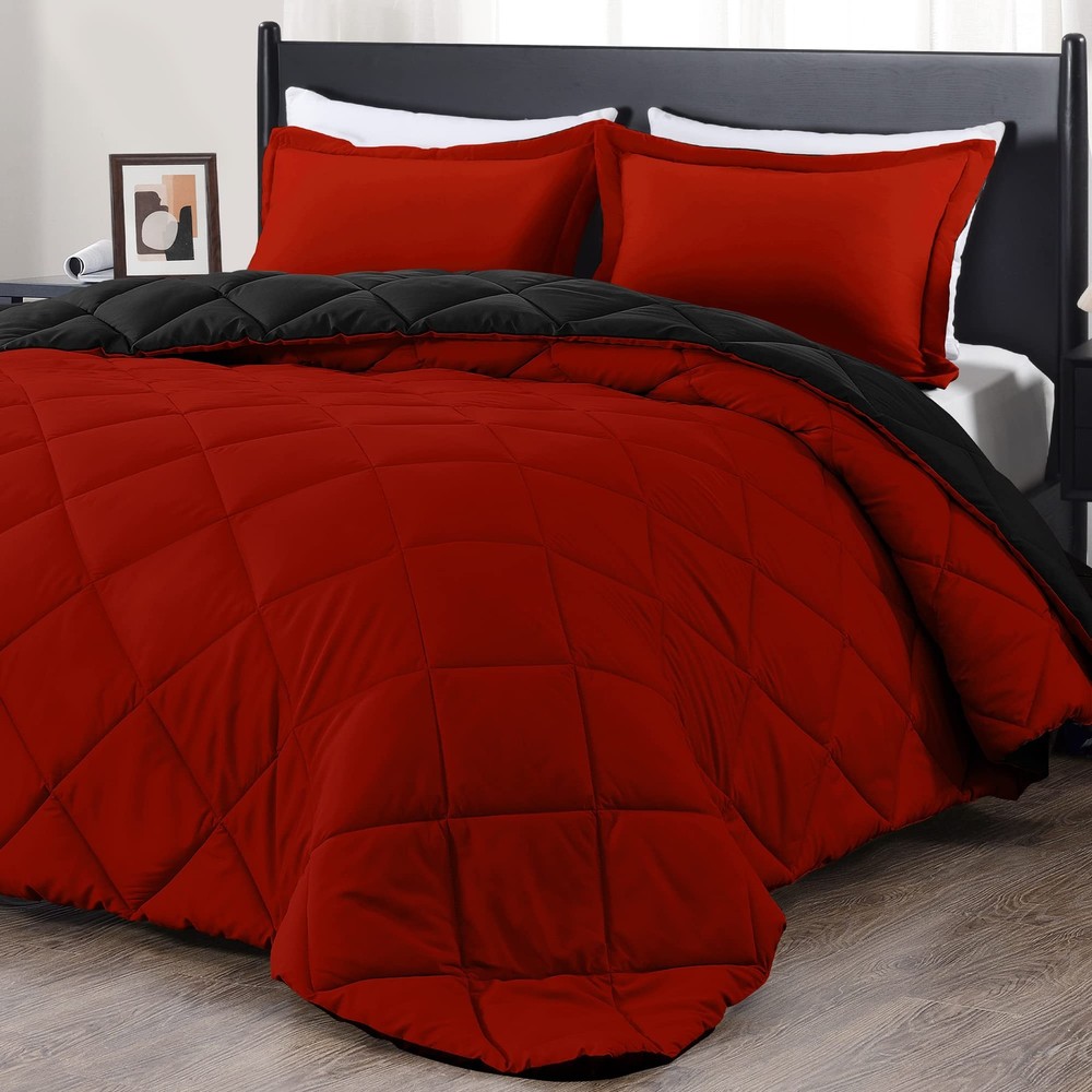 King Size Comforter, Soft Bedding Set, 104x92 Inch, Red Black