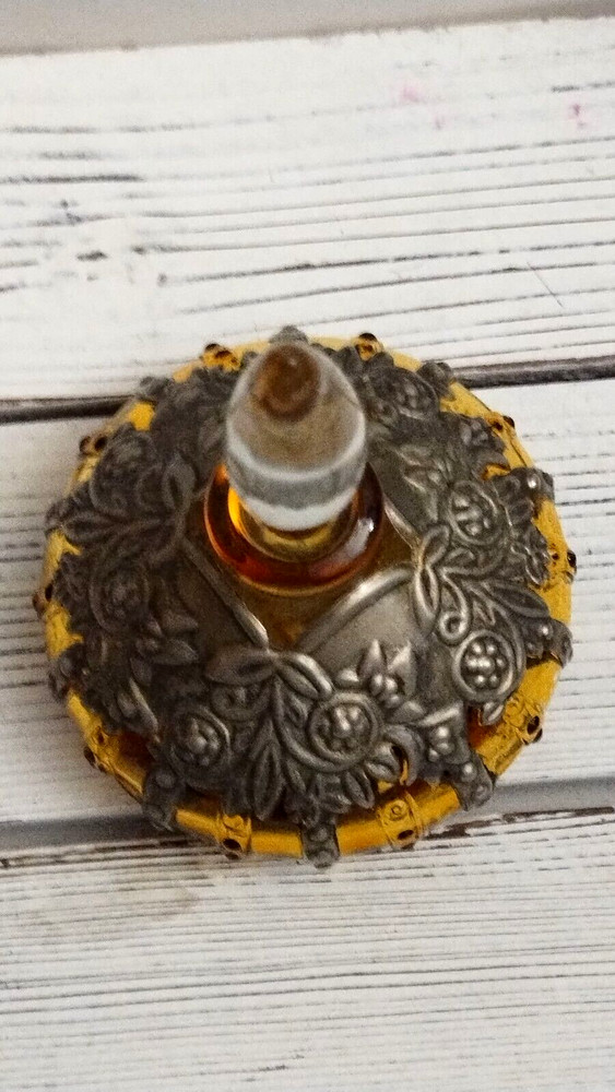 Vintage Solid Overlay Flora Silver Tone Embossed Stopper Perfume Bottle Glass