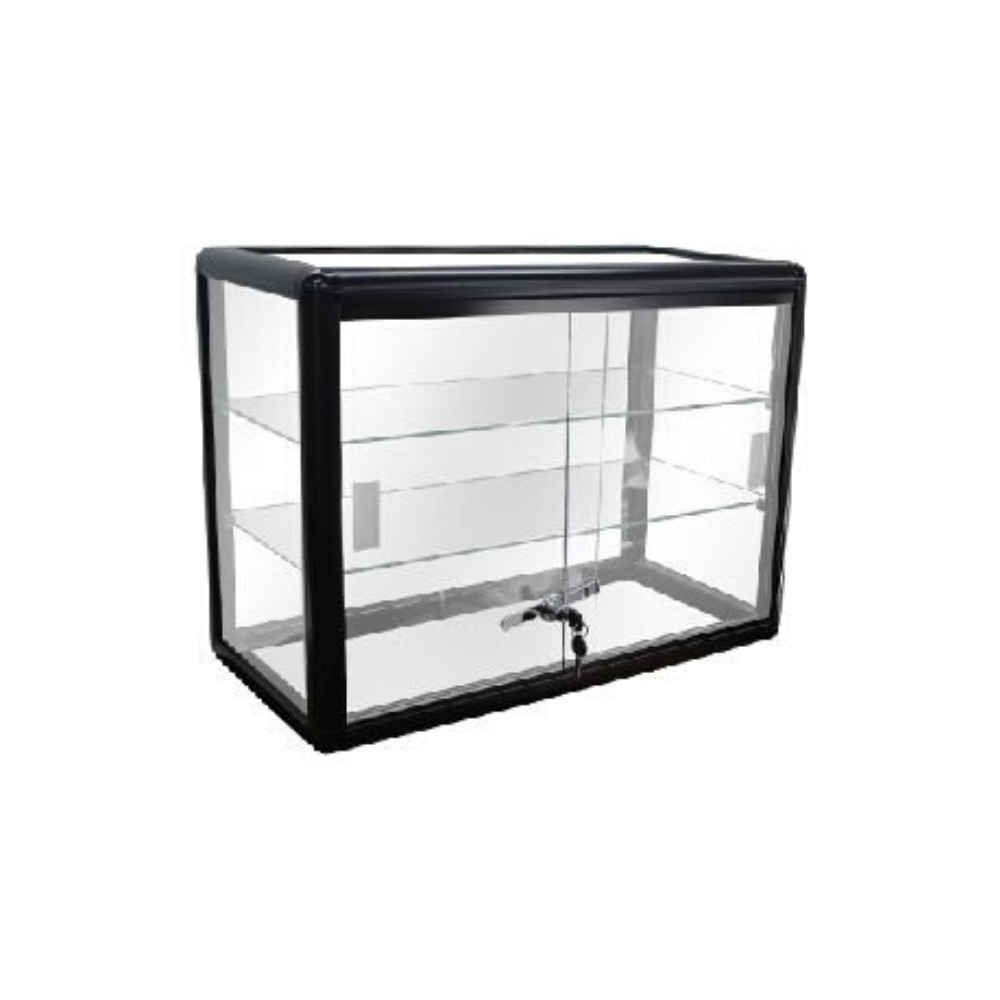 Black Aluminum Glass Counter Top Display Showcase with Locking Doors and Shelves