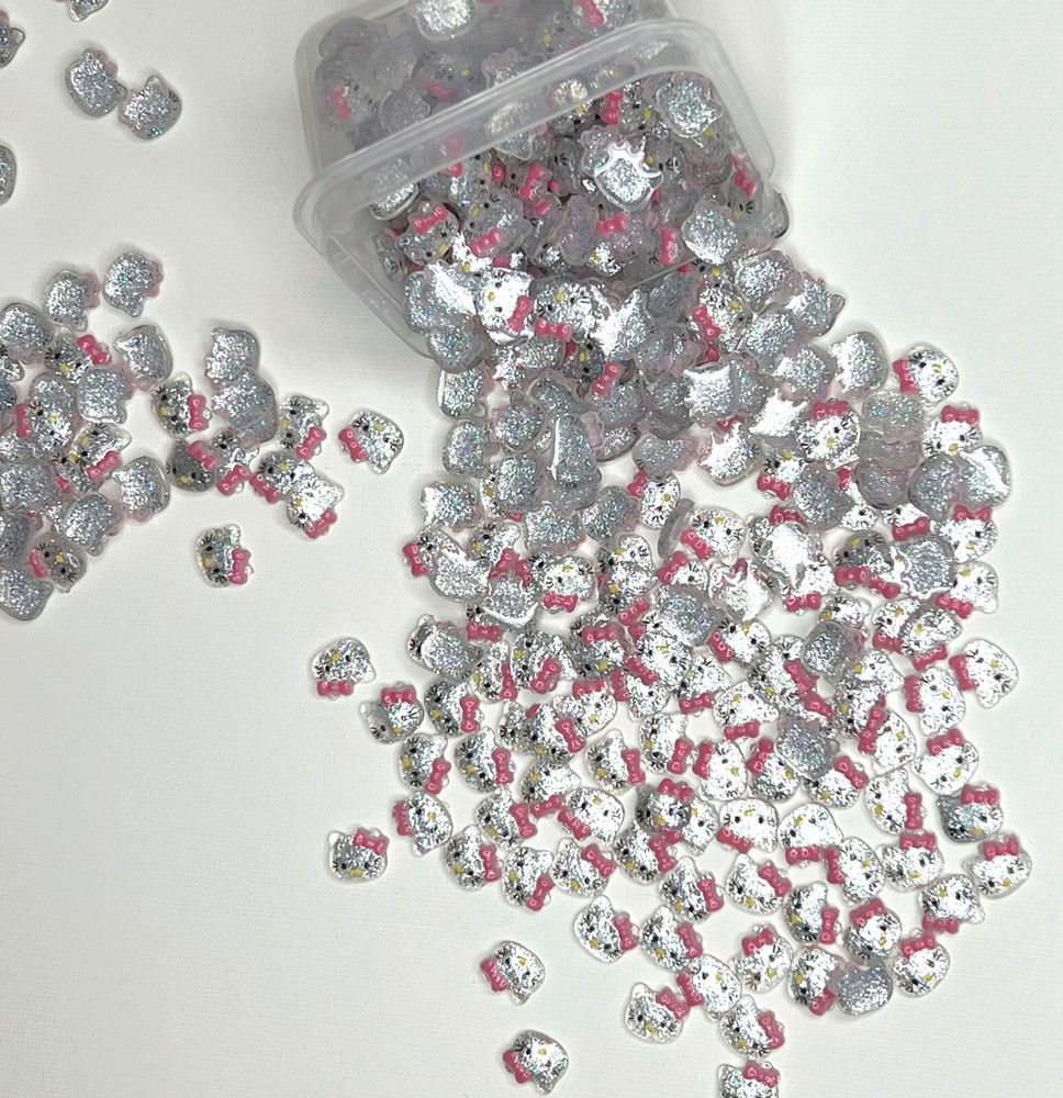100pcs Hello Kitty Head Nail Charms Silver Glitter