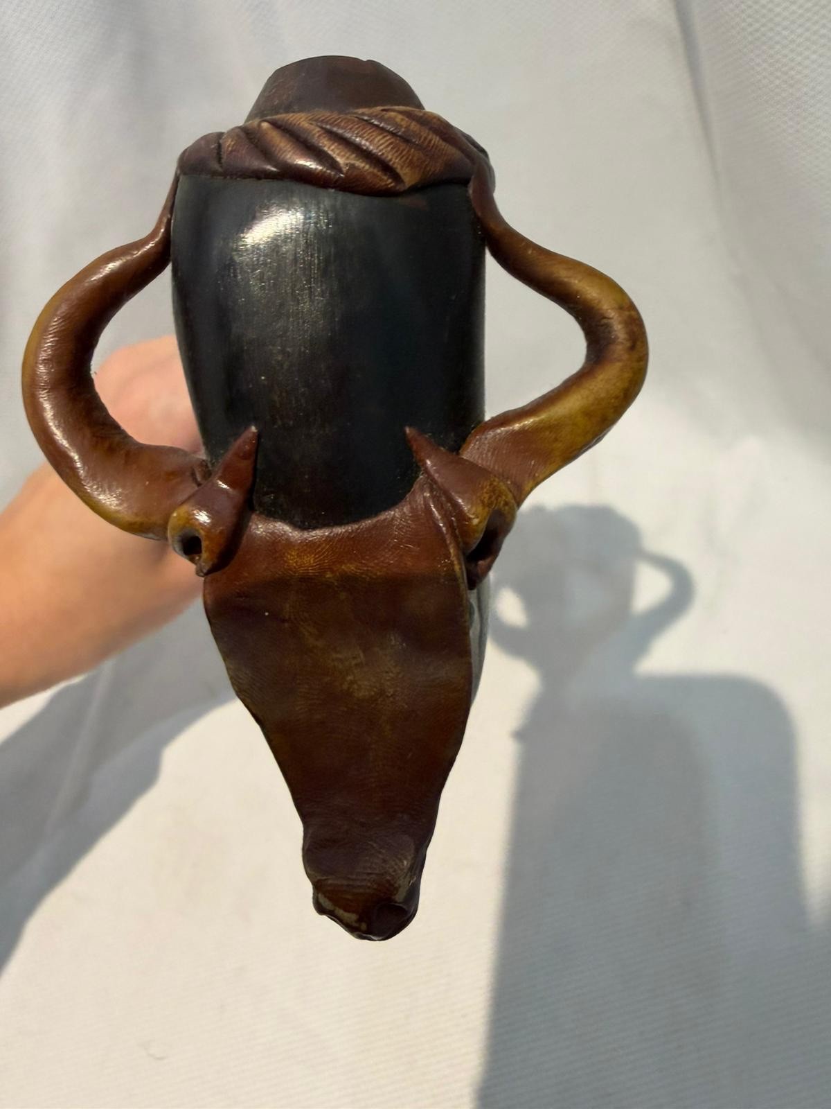 Vintage Hand-Carved Wooden Pipe Bull Head Horn Design Tribal Ethnic Decor