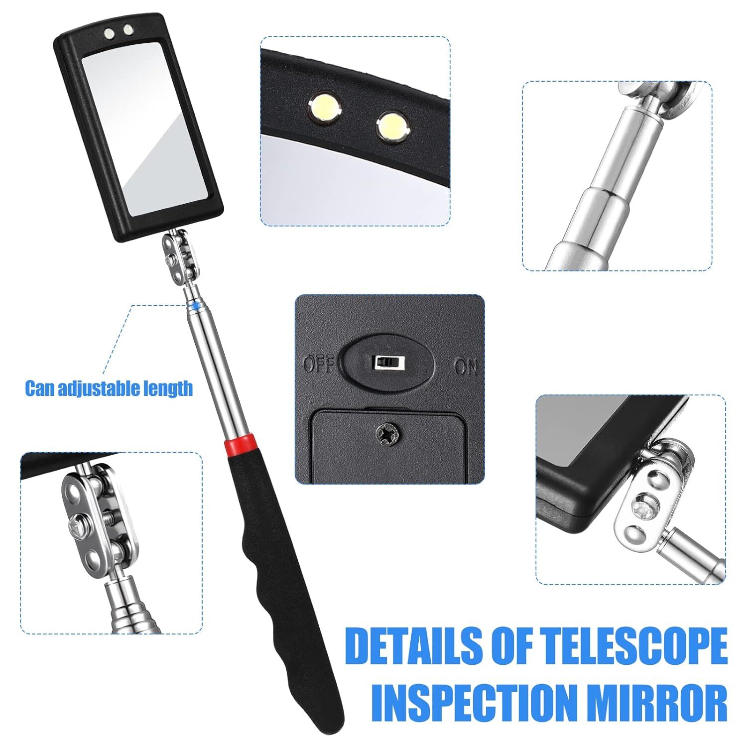 Inspection Mirror LED Lighted Mechanic Telescoping illuminate Swivel Extendable