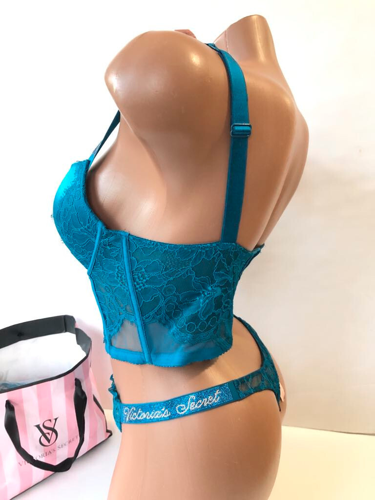 Victorias Secret Shine Strap Logo Rhinestone Push-Up Corset Thong Set Aqua Blue