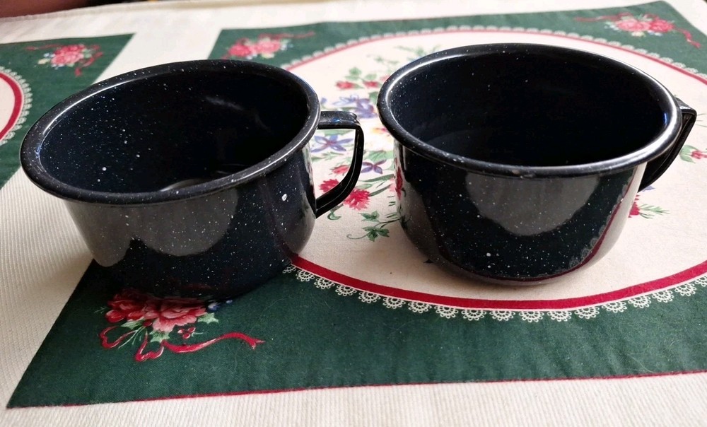 Pair Black Enamel Ware Mugs Camping Hiking