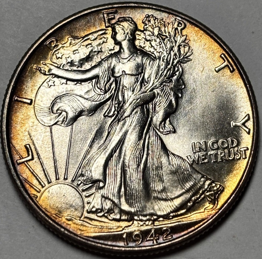 1942 Walking Liberty Half Dollar Target toning + luster !!!!