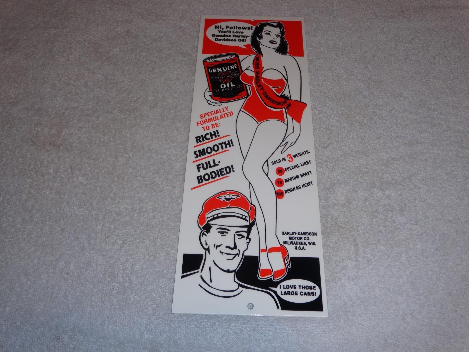 VINTAGE HARLEY DAVIDSON MOTORCYCLES WOMAN W/ LG OIL CANS 15" METAL GASOLINE SIGN