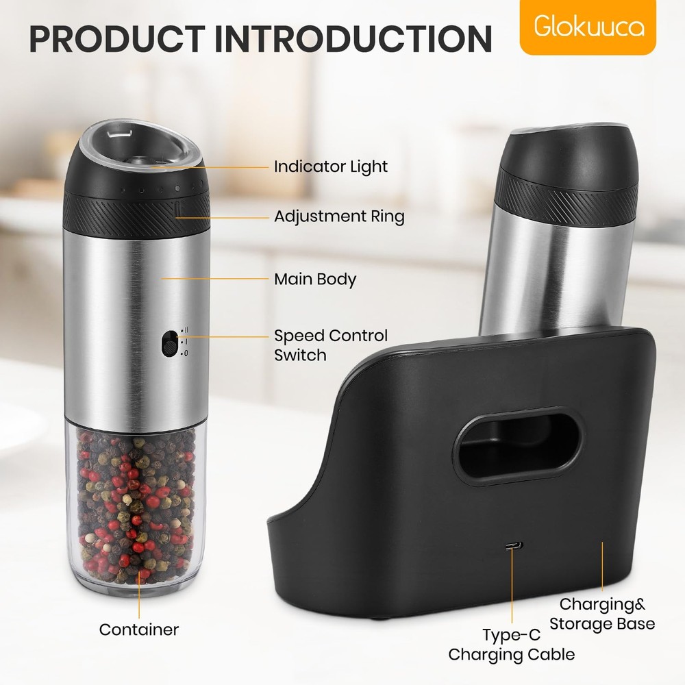Rechargeable Salt Grinder Set with Variable Grinding Speed, External Adjustab...