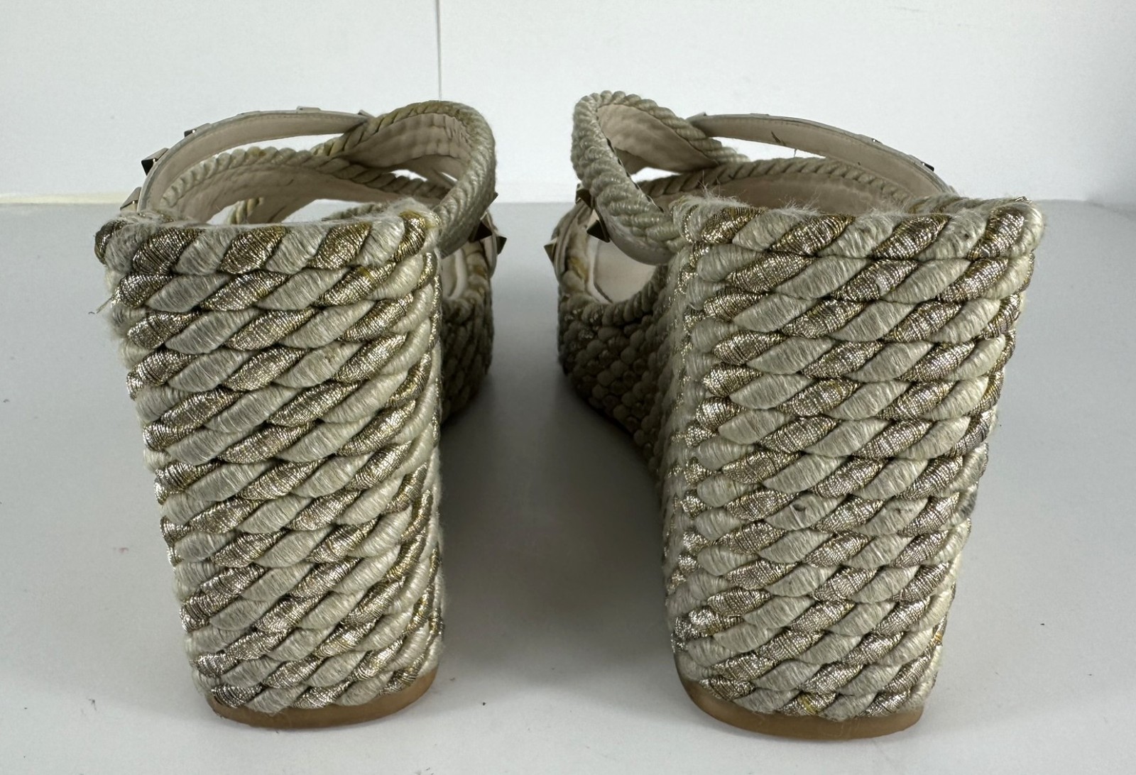 Valentino Rockstud Torchon Espadrille Ivory Striped Wedge Sandal EU 41 US 11